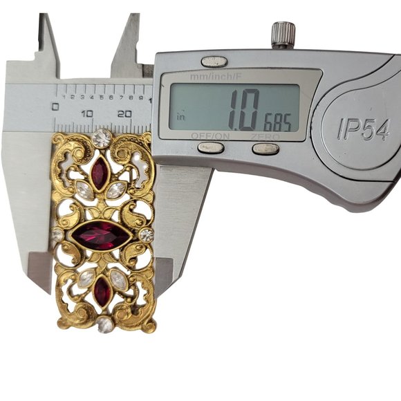 1928 Brand Gold Tone Red, Clear Glass Rhinestone Scroll Bar Brooch Pin E489 - Picture 8 of 9